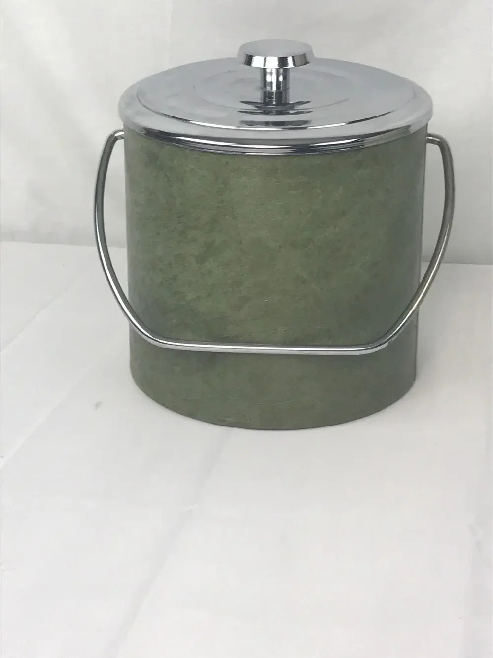 Vintage Leather Wrapped Ice Bucket Avacado Green Silver Lid Rare Color Irvinware